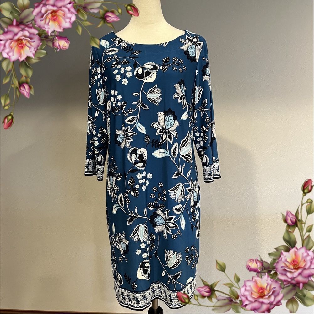 Boat neckline floral teal long sleeve knee length dress size PL‎